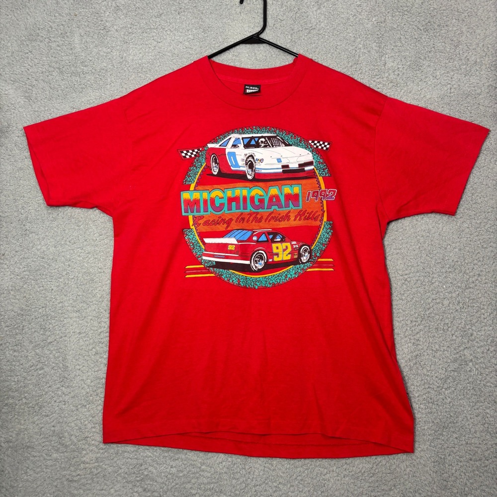 Vintage 1992 Michigan Racing Irish Hills T-Shirt Mens XXL Red Screen Stars USA